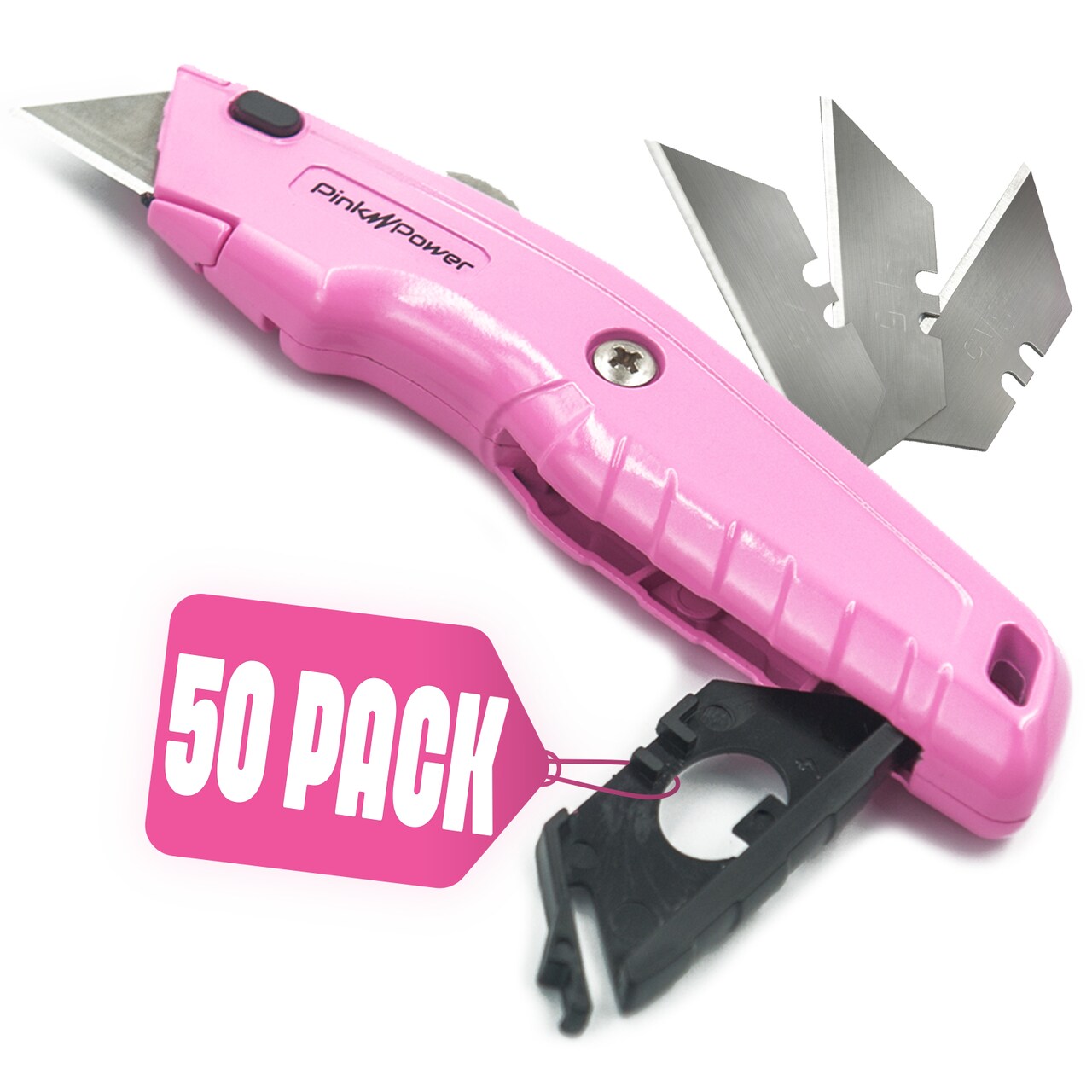 Pink Power Box Cutter Retractable, Pink Utility Knife for Carpet, Cute Box Cutter Knife Heavy Duty with 3 Blades and Storage Compartment - Opener Pocket Utility Tools for Women (50 Pack)